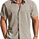 MAPICK Men's Linen Shirts Short Sleeve Button Down Casual Shirt Business Dress Clothing Beach Fashion Summer Tops (X-Large, Dark Khaki)