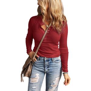Women's Long Sleeves Snap Button Tunics Waffle Knit Basic Crew Neck Henley Shirts (Large, Burgundy)