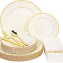 Lullaby 140PCS Elegant Disposable Dinnerware Set  40 Ivory Scalloped Gold-Trim Plates (20 Dinner, 20 Dessert), 40 Forks, 20 Spoons, 20 Knives & 20 Napkins  Fancy Plastic Plates for 20 Guests