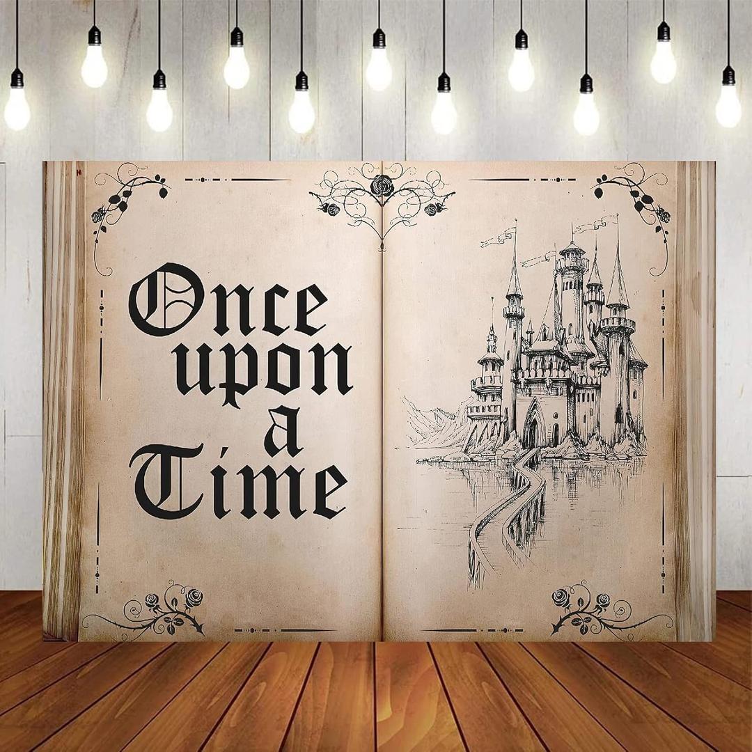 Fairy Tale Books Backdrop Once Upon a Time Backdrops Ancient Castle Princess Romantic Wedding Birthday Party Decorations Magic Book Background Banner Props 7x5FT