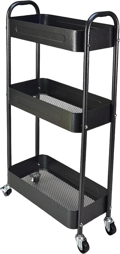 3 Tier Slim Metal Rolling Storage Cart for Laundry Room & Kitchen Organizer, 7.1'' Thin Standing Shelf for Narrow Spaces, Utility Cart with Wheels & Lockable Casters for Bathroom, Black