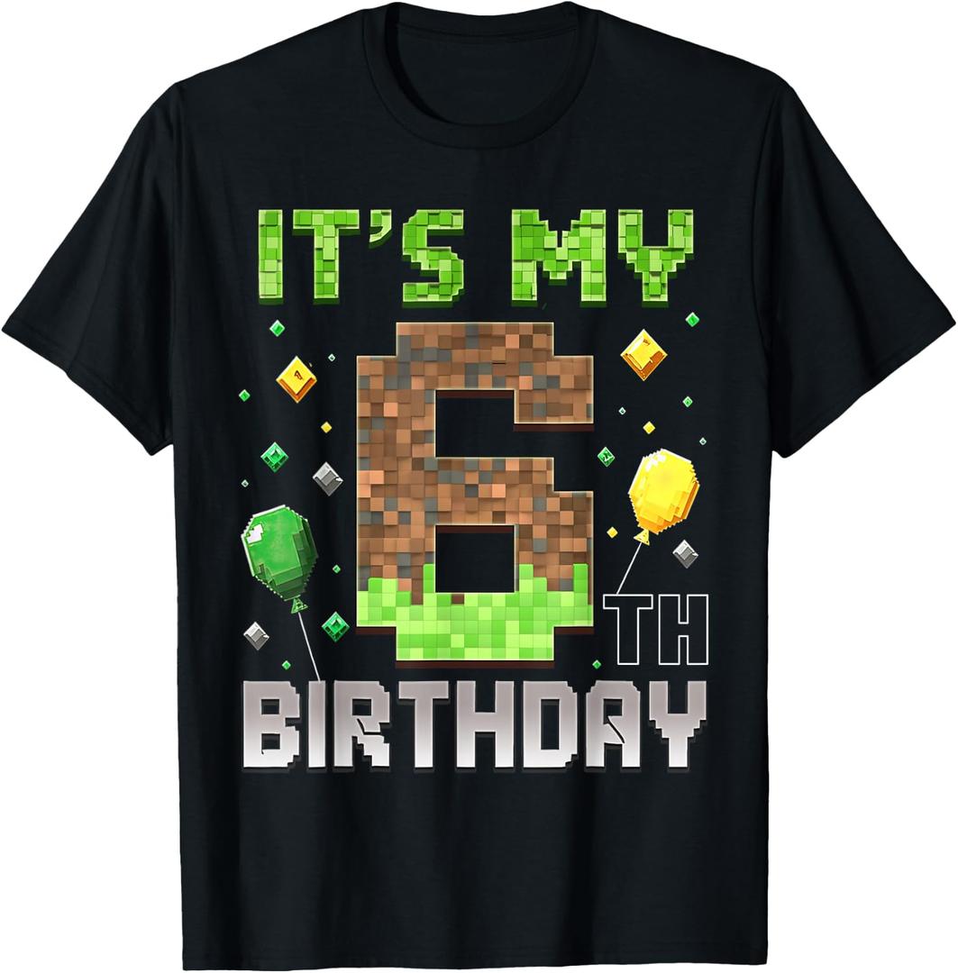 Kids 6th Birthday Gamer Pixel 6 Years Old Video Game Party T-Shirt (Black, XS)