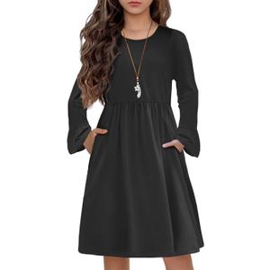 Arshiner Girls Long Sleeve Floral Pleated Swing Dress Kids Casual Dresses with Pockets for 4-13 Years