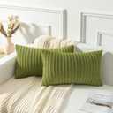 Kevin Textile Velvet Lumbar Pillow Covers Striped, Spring Decorative Throw Cushion Case with Hidden Zipper for Home Couch/Bedroom/Car, Soft Cozy Solid Oblong, 2 Pack (12"x20",Green)