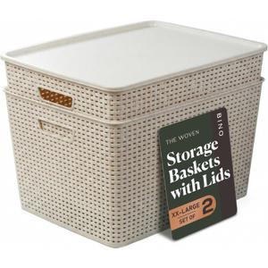BINO | Plastic Storage Baskets with Lids, 45 Liter - 3 Pack, Natural | THE WOVEN COLLECTION | Storage Basket for Shelves | Woven Storage Baskets for Organizing Bins | Pantry Shelf Organizer Bin