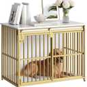 HOOBRO Dog Crate Furniture, 36.6" Heavy Duty Dog Kennel with Sliding Barn Door, Wooden Dog Cage Indoor, Decorative Side End Table for Small/Medium Dogs, White and Gold GD162GW03G1