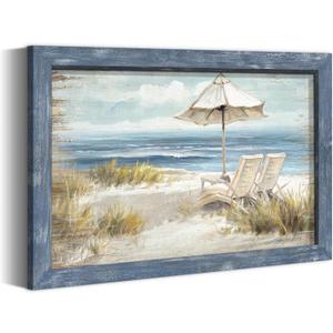 Modern Coastal Framed Wall Art: Beach Chair Painting Seaside Wood Decor Rustic Blue Ocean Artwork Calming Seascape Nature Picture Sea Deckchair Landscape Prints for Bedroom Bathroom Living Room