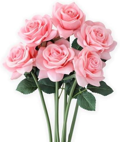 mizii 4Pcs Artificial Roses Flowers Pink Fake Silk Roses Realistic Roses Flores for Wedding Decorations Table Centerpieces Flower Arrangement Home Decor (Pink)