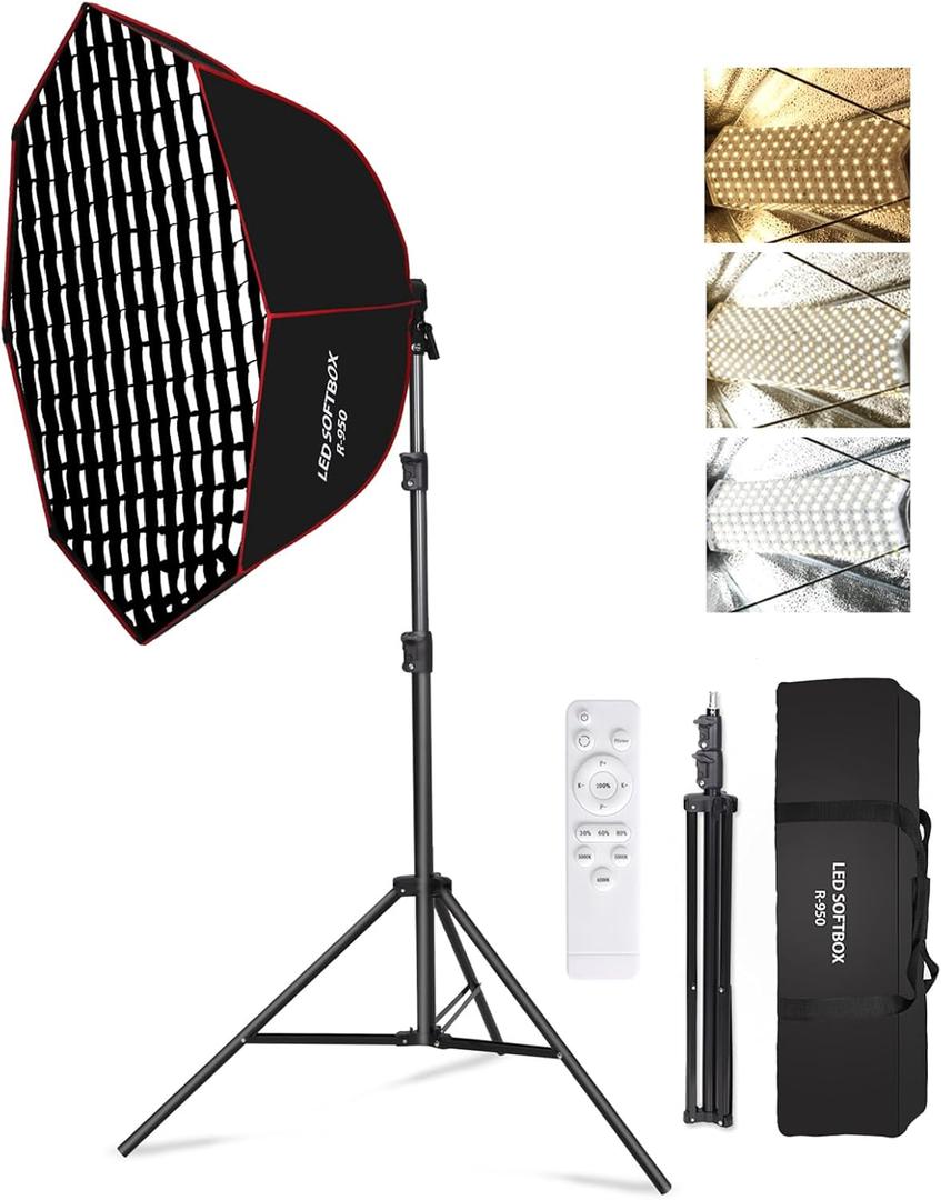 110W Softbox Lighting Kit, 37.4 "/95cm Large Octagonal Parabolic Soft Box with Honeycomb Grid/Remote/Stand, Photography Lighting for Studio Video Recording, Portrait, Live Streaming (1 Pack)