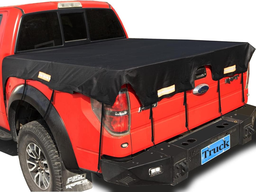 Upgraded Truck Bed Cover for Ford F150/F250 Silverado/Sierra Ram Tundra Long Bed (8 Box), Truck Bed Tarp Cover with Bungee Belts, Black 600D Waterproof Oxford Cargo Tarp Cover