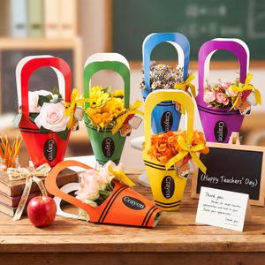 Gersoniel 24 Set End of School Year Teacher Gifts Crayon Flower Bouquet Holder Teacher Appreciation Gift Bags with Card Teachers Flower Bags for End of School Year Birthday Retirement Party Favors