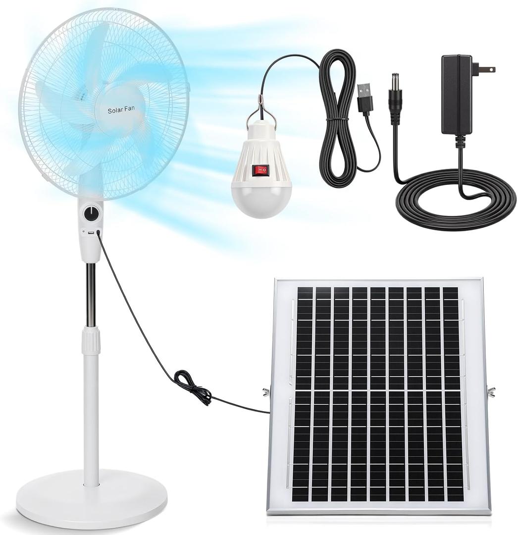16 Inch Solar Oscillating Fan with Solar Panel and 5v Light Bulb, Floor Rechargeable Pedestal Standing Fan, 8800mah Battery, Two Charging Method, 3 Speed for Camping Home(White)