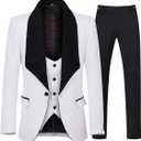 YFFUSHI Men's 3 Piece Suit Slim Fit Jacquard Tuxedo One Button Shawl Collar Jacket Vest & Trousers (X-Large, White)