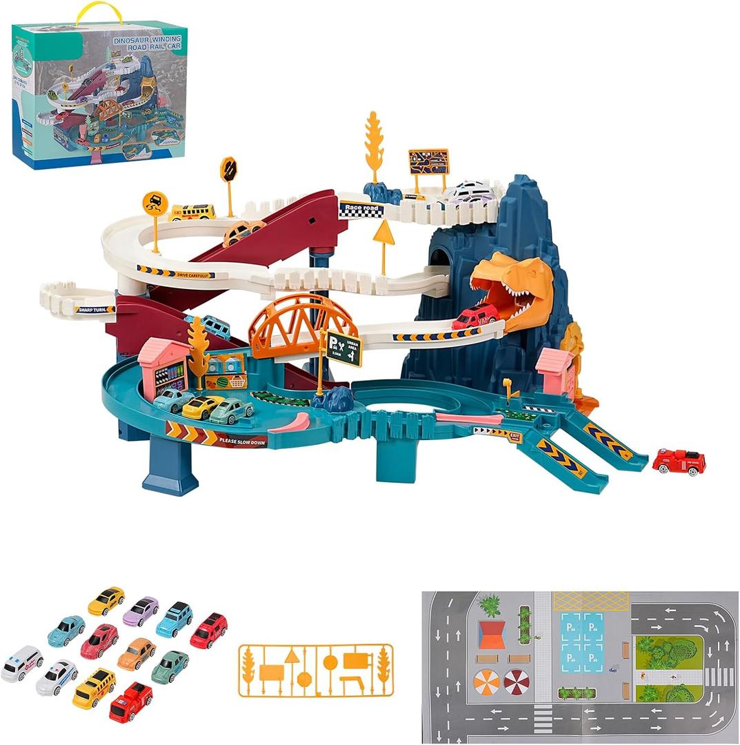 Toy Car Ramp Track, Climbing Hills Railcar Colorful Vehicles Construction Play Set with 12 Mini Racer Cars for Kids 3+(Dinosaur)