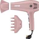 Conair Hair Dryer with Retractable Cord, 1875W Blow Dryer, 3 Heat Settings, 2 Speeds, Blow Dryer with Diffuser and Concentrator Attachments, Ionic + Tourmaline Technology, Matte Light Pink