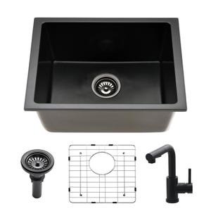 24 Inch Black Undermount Kitchen Sink-Bokaiya 24x19 Inch Wet Bar Sink with Faucet Quartz Matte Black Granite Composite Single Bowl Kitchen Sink