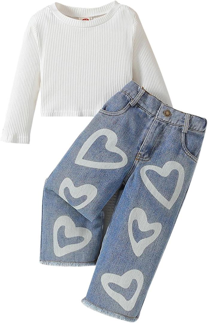 Toddler Girls Clothes Ribbed Baby Kids Girl Denim Outfits Long Sleeve Tops Love Hearts Jeans Pant (6-7 Years, Ivory)