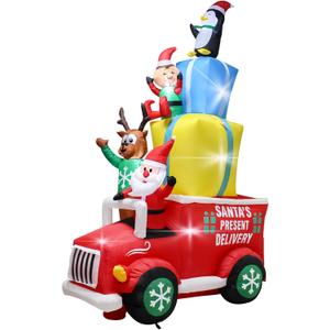 9FT Christmas Inflatable Car Outdoor Decoration with LED Lights,Blow up Truck Penguin Santa Deer Elf and Presents on the Christmas Car,Easter Holiday Outdoor Indoor Lighted Decoration