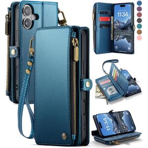 Defencase Compatible with iPhone 17 Case Wallet with RFID Blocking Card Holder for Women and Men, Fashion PU Leather Magnetic Snap Flip Zipper Strap Wallet Phone Case for iPhone 17 6.3", Dark Blue