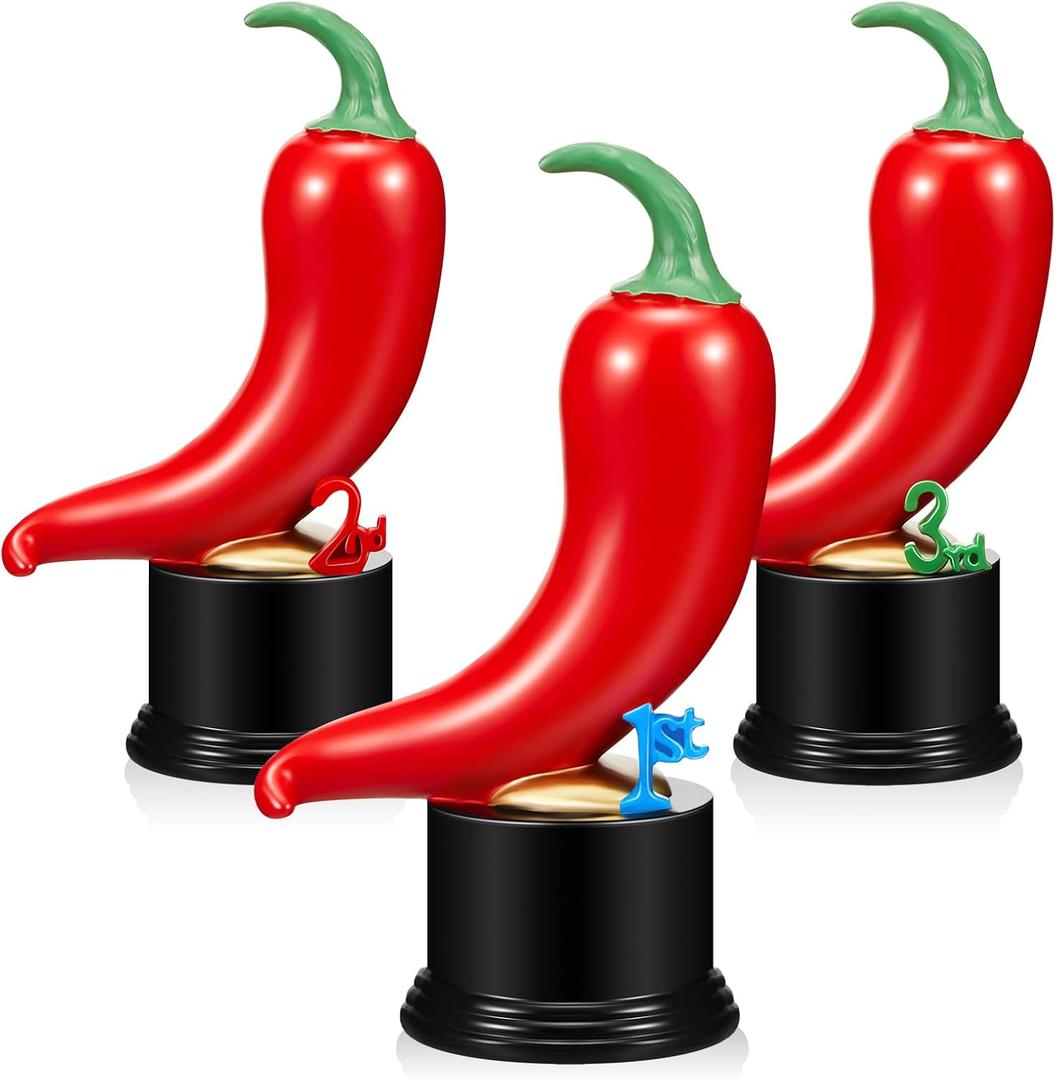 Yinkin 3 Pcs Chili Cook Off Trophies Chili Cook Off Prizes Medals Awards Decorations Salsa Contest Pepper Trophy for Winner Cooking Event Competition Gifts 1st Gold, 2nd Silver, 3rd Bronze(Cute)