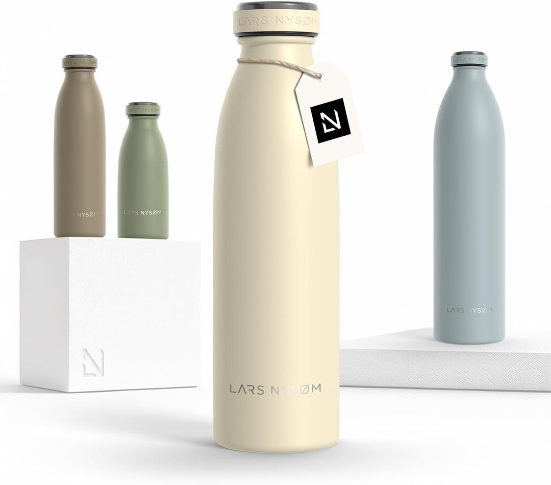 LARS NYSM Stainless Steel Insulated Water Bottle 12oz 17oz 25oz 34oz 51oz | Insulated Thermo Flask for Hot and Cold Beverages | Leakproof Drinking Bottle (Almond Beige, 17oz) (16.9 Ounces)