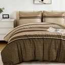 WONGS BEDDING 7 Pieces Comforter Set Queen Size, Brown Striped Fall Winter Bed in a Bag Comforter and Sheet Set, Minimalist Geometric Soft Lightweight Micorfiber Bedding Set for All Season (90"×90")