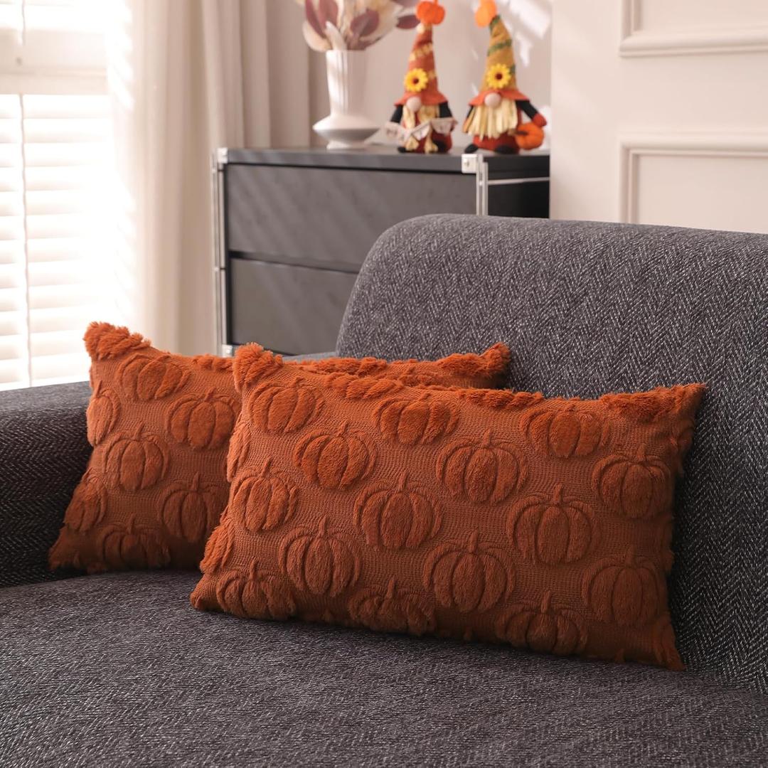 Fall Pillow Covers 12x20 inch Set of 2 for Fall Decorations Autumn Rust Pumpkin Soft Plush Faux Fur Wool Throw Pillow Cushion Covers for Sofa Living Room Couch Bed Home Decor