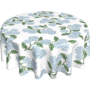 Blue Green Floral Round Tablecloth 70 Inch Vintage Hydrangea Flower Table Cloth Seasonal Polyester Farmhouse Spring Summer Holiady Table Cover for Kitchen Party Dining Picnic Outdoor Decor