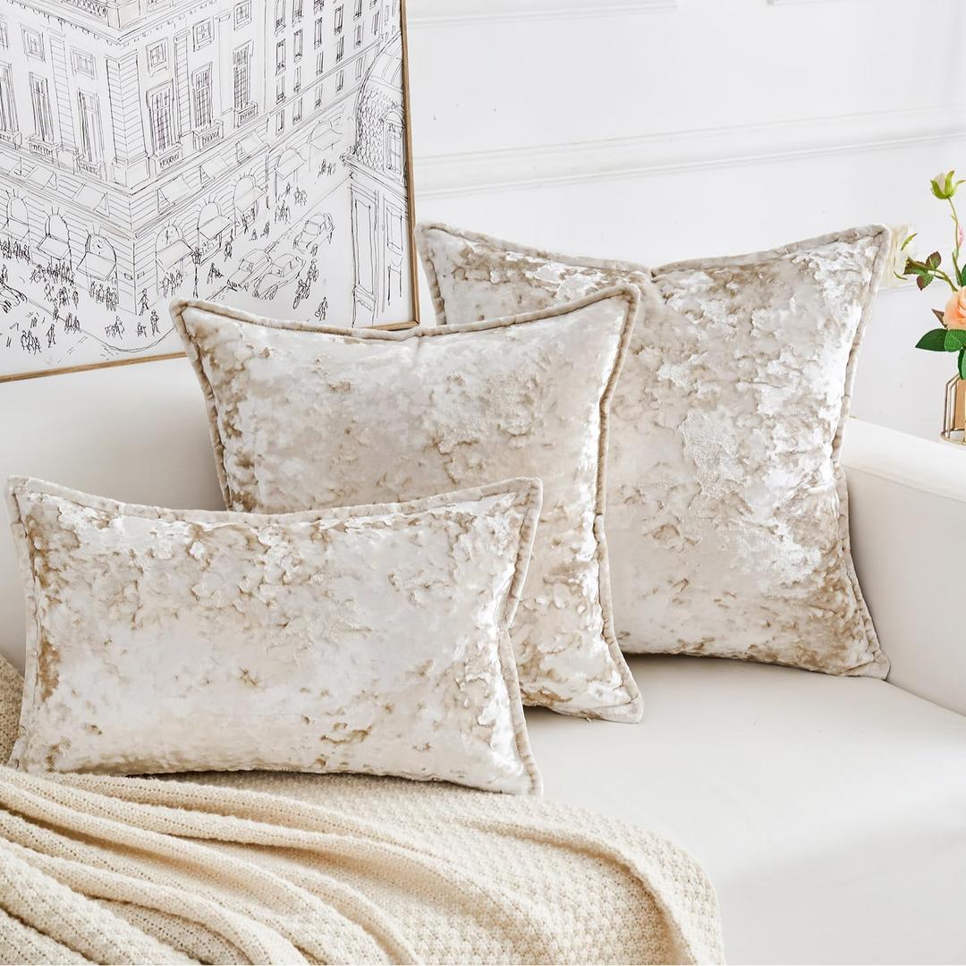 Premium Series, Crushed Velvet Throw Pillow Covers, Luxury Thick Cushion Cases for Home Decor, Cream White, 12x20 Inch, Covers Only