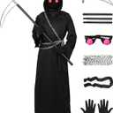 Alaiyaky Grim Reaper Costume for Kids Boys, Halloween Scary Grim Reaper Costume with Glowing Red Eyes, Scythe, Chain (Black-Kids, Kids-S (6-8Years))