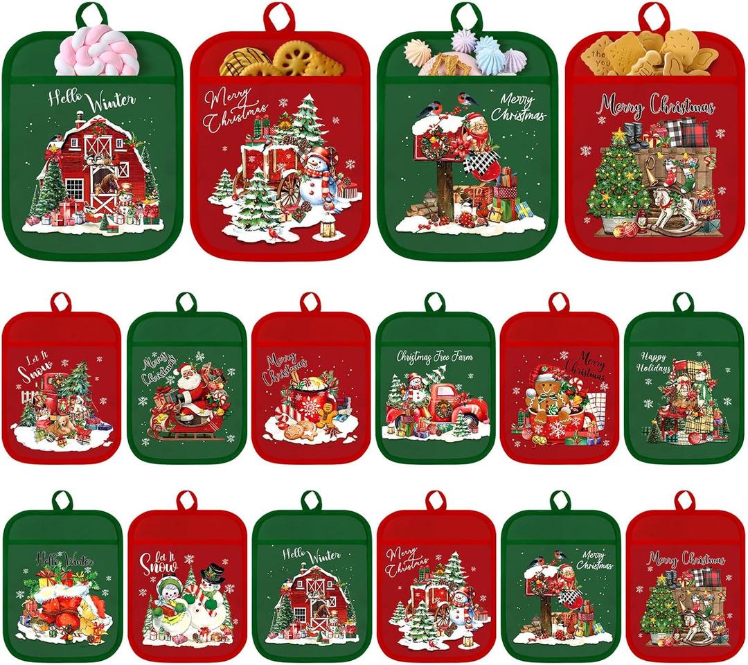 Jingmore 12 Pcs Christmas Pot Holders with Pocket Red Green Pot Holders for Kitchen Santa Claus Snowman Hot Pads and Oven Mitts Cute Farmhouse Oven Gloves Gift for Christmas Winter Baking Cooking