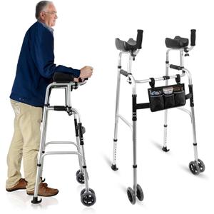 Foldable Stand Up Walker with Armrest Pad - Height Adjustable Aluminum Dual-Wheel Walker, Standard Walkers for Seniors, Elderly, Platform Walkers with Arm Support, Standing Upright Walkers, Silver