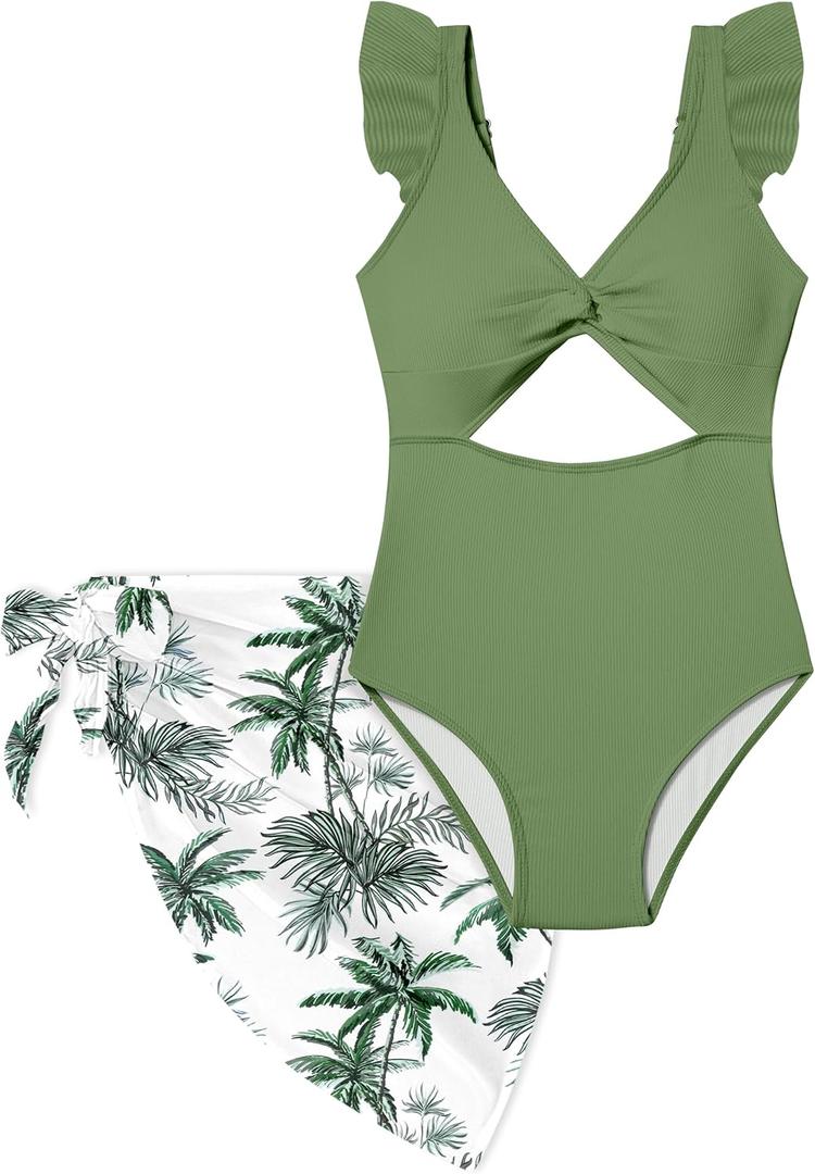 Girls One Piece Swimsuit Cut Out Ruffle Bathing Suit Twist V Neck Swimwear Solid Color with Cover Up Skirt 7-16T (9-10 Years, Green)