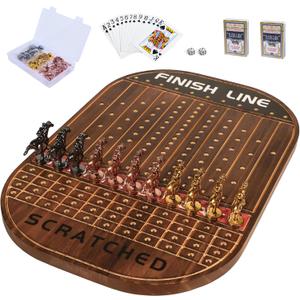 Jyquorp Horse Race Board Game Racing Game Thickened Solid Wood with 11 Luxurious Durable Classic Metal Horses with 4 Dice and 2 Boxes of Cards Horse Racing Game (Rustic Brown)
