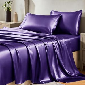 CozyLux Satin Sheets King Size Sheet Set - 4 Piece Silky King Sheets, Luxury Purple King Bed Set with Smooth and Soft Microfiber, Includes 1 Fitted Sheet, 1 Flat Sheet and 2 Pillowcases
