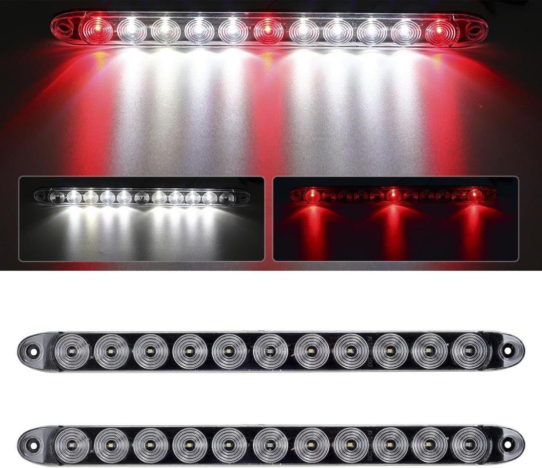 Partsam 2Pcs 15" Red 3 ID Bar w/Reverse white light 11 LED Truck Trailer RV Clear Lens Submersible Super Thin Led Trailer Tail Light Bar