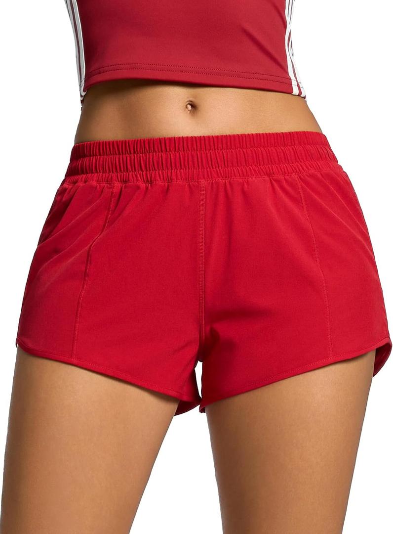 MCEDAR Women's Running Shorts Low Waisted,Quick-Dry with Mesh Liner, Lightweight Athletic Workout Gym Shorts with Zip Pocket (Red, L)