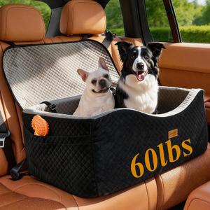 Dog Car Seat for Large Dogs up to 60 lbs or 2 Small Dogs with 4" Memory Foam, Back Seat Medium Pet Booster Seat with Triple Safety Belts, Adjustable Leashes, Detachable/Washable (Black/Gray, Large)