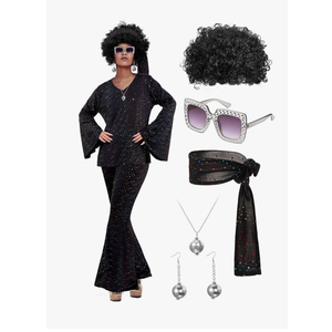 Jexine Halloween 70s Women Disco Costume Set Disco Party Top Pants Sunglasses Ball Necklace Earring Wig XL