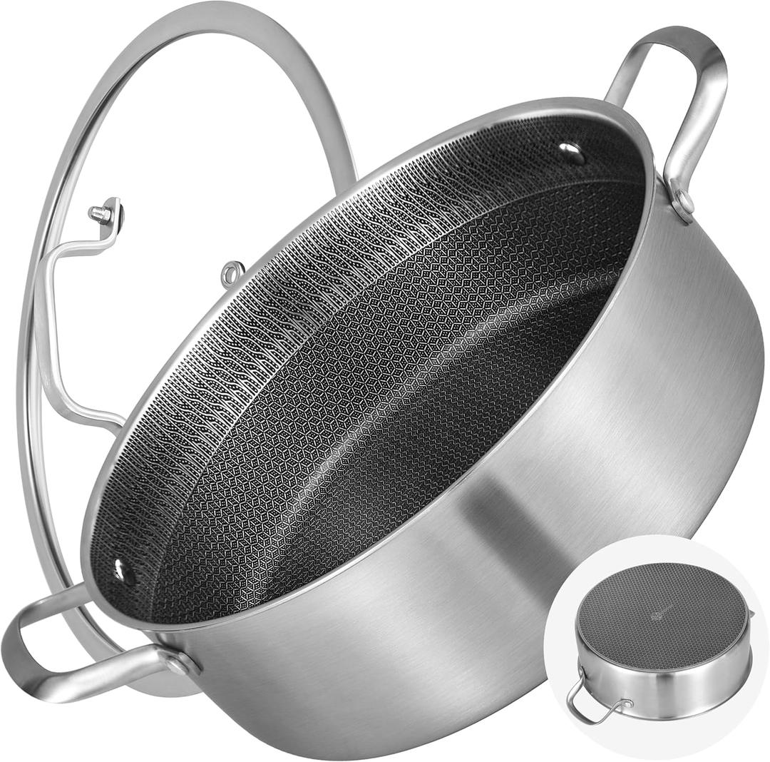 LOLYKITCH 7 QT Tri-Ply Stainless Steel Non Stick Sauté Pan with Lid, 12 Inch Deep Frying Pan, Large Skillet, Jumbo Cooker, Induction Compatible, Heavy Duty and Oven Safe.