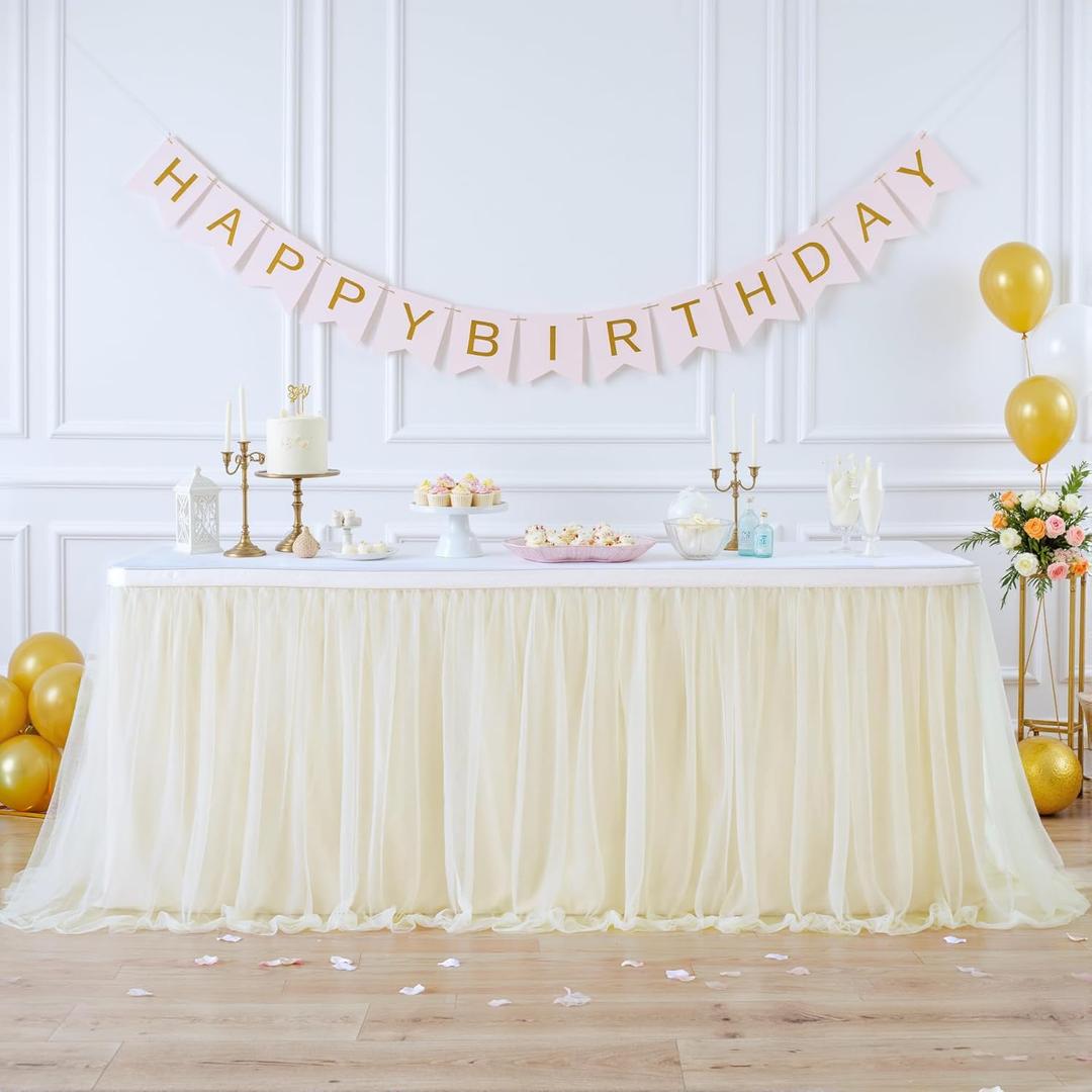 Suppromo 14ft Champagne Table Skirts for Rectangle Tables or Round Tables Champagne Tulle Tutu Table Cloths Cover for Birthday Party Wedding Baby Shower Dessert Cake Table Decorations (168" x 30" (14FT))