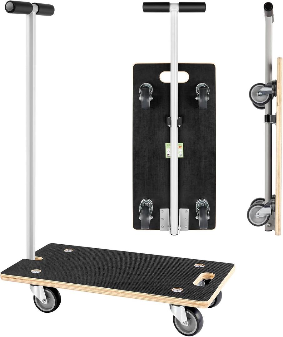 Heavy Duty Rectangle Wood Platform Dolly with Handle - 441-Lb Capacity, 3" TPR Wheels, Multifunctional Furniture & Plant Mover for Transporting Heavy Items