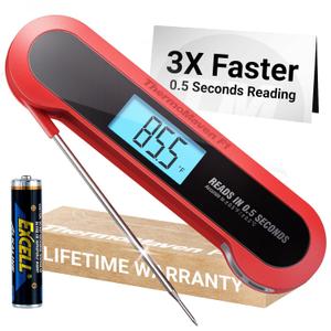 Professional 3X Faster 0.5sec Instant Read Meat Thermometer Digital, High Accuracy 0.5F, IP67 Waterproof, Auto Wake/Sleep & Rotate Display, NSF & NIST Certified, Backlight Fry Oil Candy Thermometer (Red & Black)