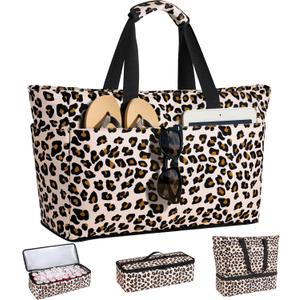 ISEYOU Beach Bag with Cooler, 49L Large Family Beach Tote with Zipper, Waterproof Sandproof Beach Bags for Women and Men, Foldable Lightweight Travel Bag for Pool, Picnic, Gym (Leopard Print)
