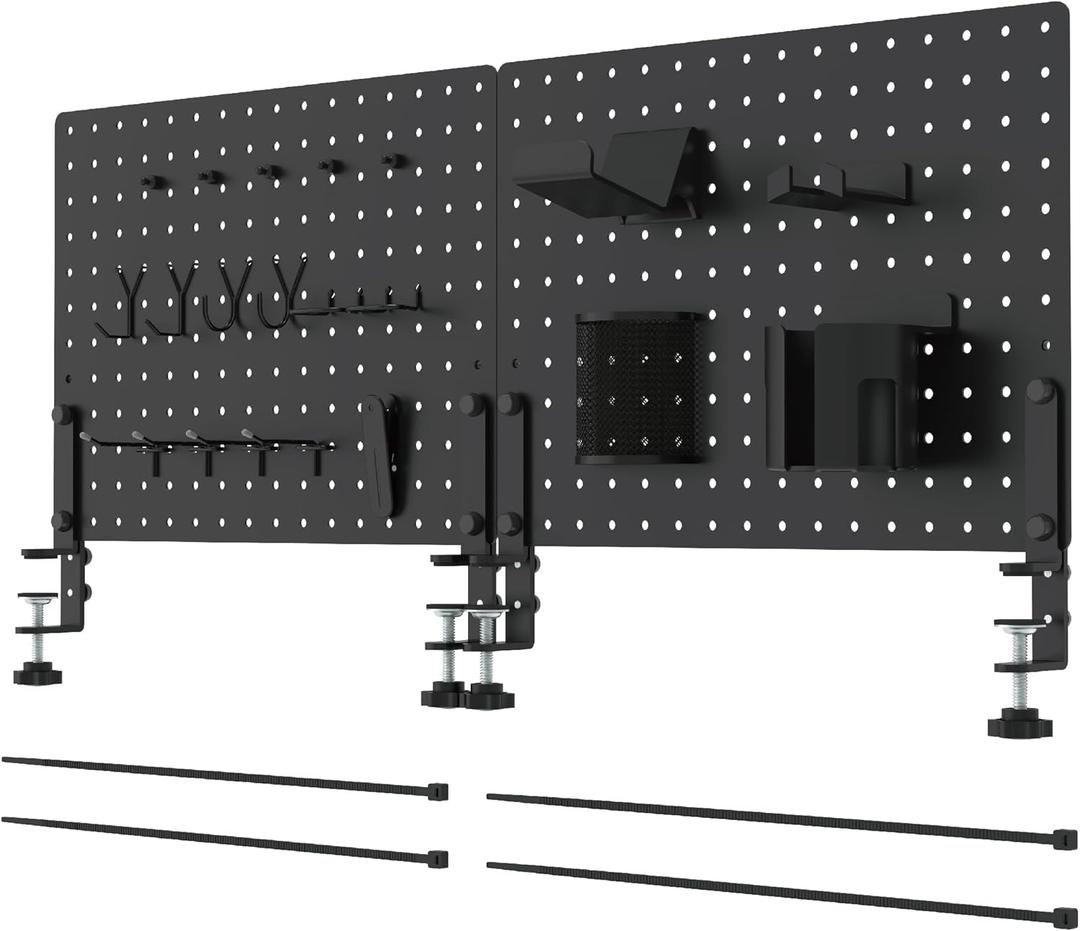 HUHOLE Clamp-On Desk Pegboard, 32 x 12 inch Metal Desktop Organizer, Black Desk Accessories for Gaming & Office, Versatile Clamp On Pegboard for Desk Organization and Storage