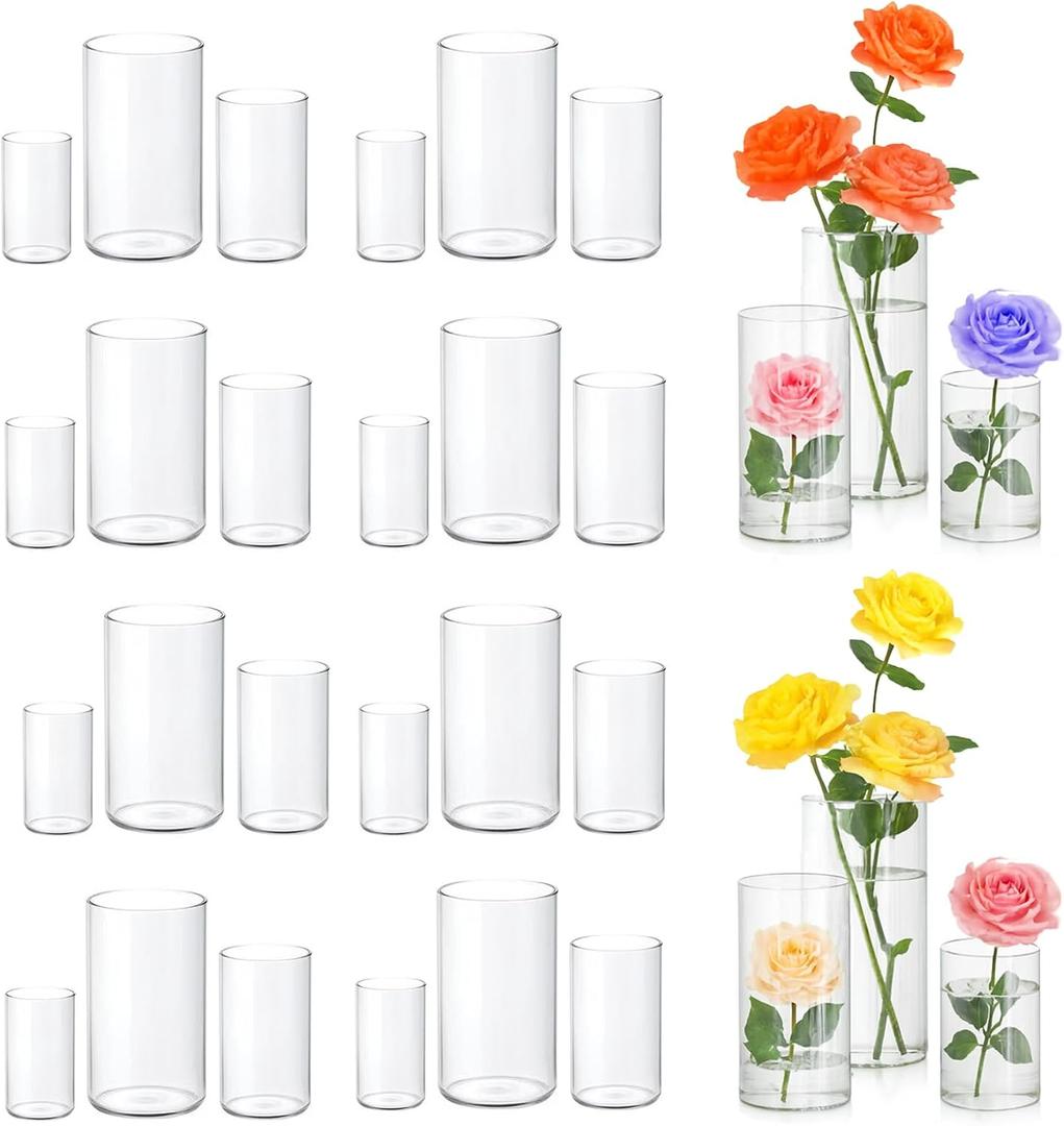 24 Pack Glass Cylinder Vases for Centerpiece, 4 6 8 Inch Tall Clear Cylinder Flower Vases Glass Hurricane Floating Candle Holder Vases Bulk for Table Shelf Party Home Wedding