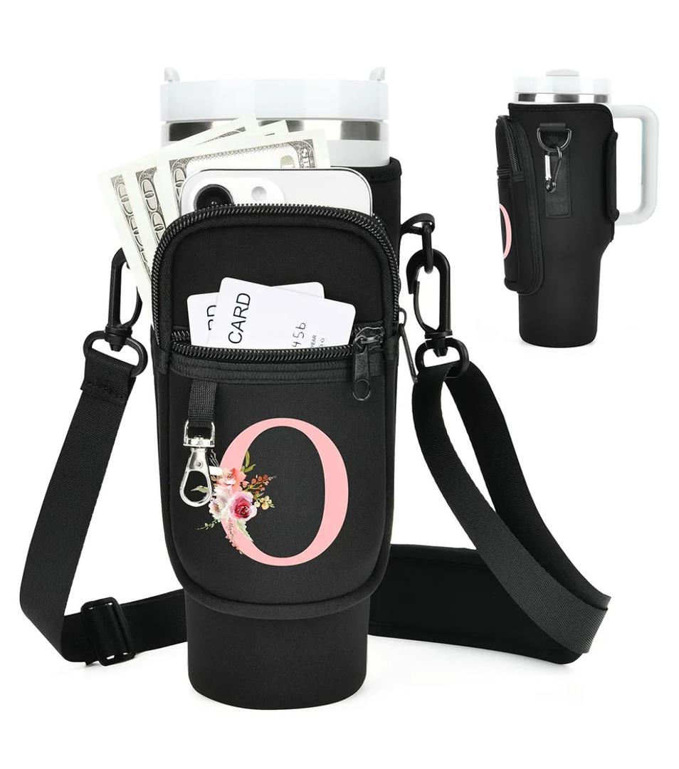 Initial Water Bottle Holder with Strap for Stanley Cup Accessories 40 oz Tumbler/Simple Modern Tumbler Bag, Water Bottle Carrier Bag with Strap for Men Women Gift Hiking, Travel, Camping, Walking Gym