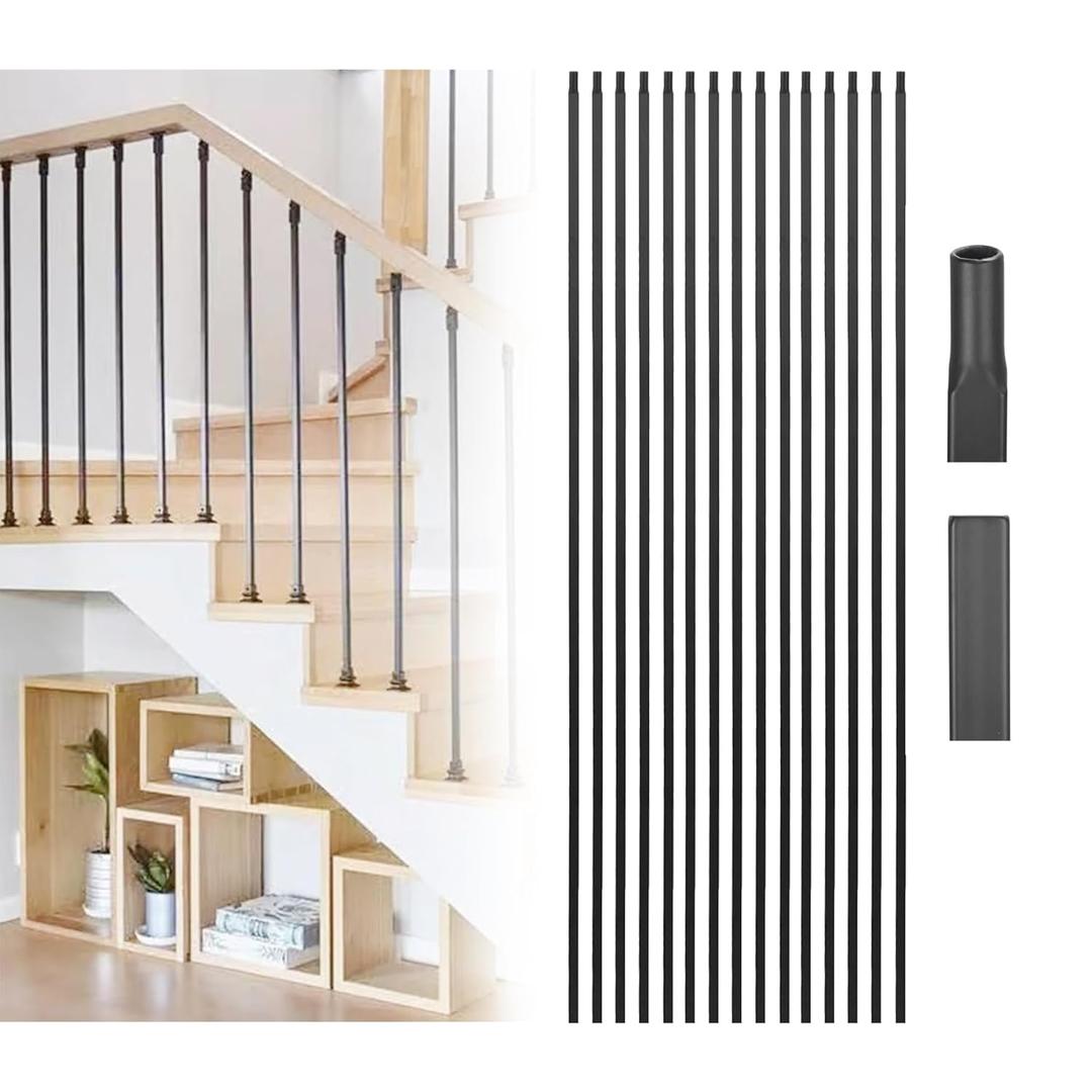 15 Pack Iron Balusters for Staircase, Hollow Square Stair Balusters, Satin Black Balusters for Staircase Interior,1/2" x 44" (Satin Black)