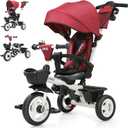 JMMD 7 in 1 Tricycle Stroller with Push Handle, Baby Trike with 360 Swivel Seat, Reclining Backrest, All-Terrain Wheels, Dual Brakes, Canopy & Storage, Gift for Kids 18 Months to 5 Years, Red