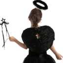 Spooktacular Creations Black White Angel Wings Halo Headband with Wand for Kids Feather Fairy Wings Halloween Party Costume (Black)